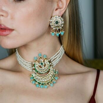 White Pearl Turquoise Stone Dangle Diana Choker Bridal Kundan Ethnic Collier 1