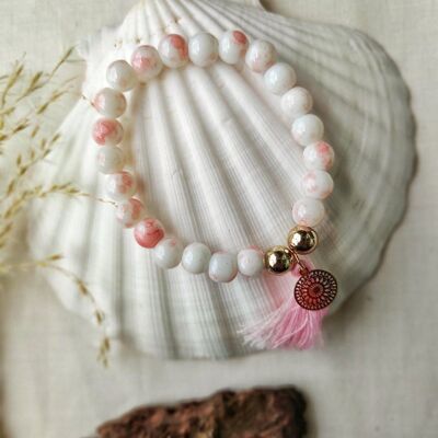 Bracelet de Yoga Boho naturel rose tendre blanc avec pompon porte-bonheur