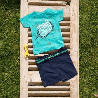 Completo pantaloncini blu navy e t-shirt tennis turchese da neonato