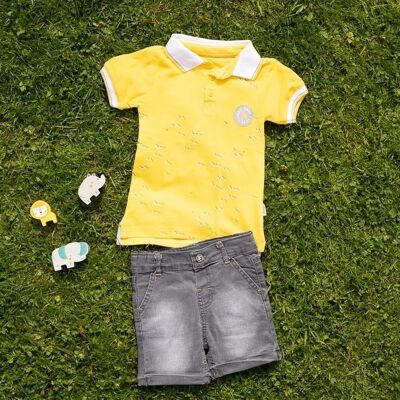 Boys' gray denim shorts and yellow polo shirt set