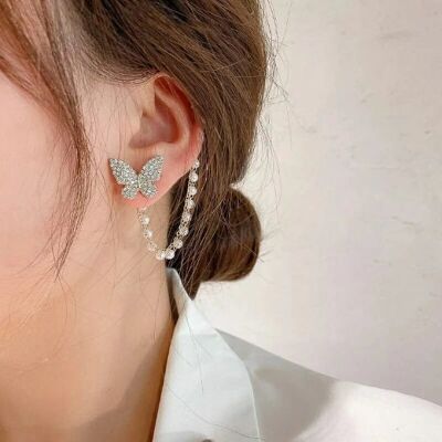 Silver Butterfly Dangle Tassel Pearl Ear Climber Cuffs Clip Chain Earring Stud