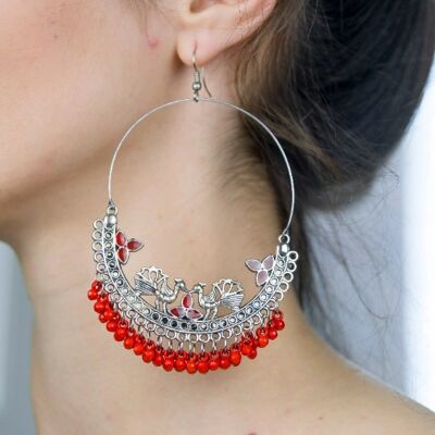 Large Silver Red Peacock Oxidised Boho Chand Bali Hoop Ethnic Dangle Earring