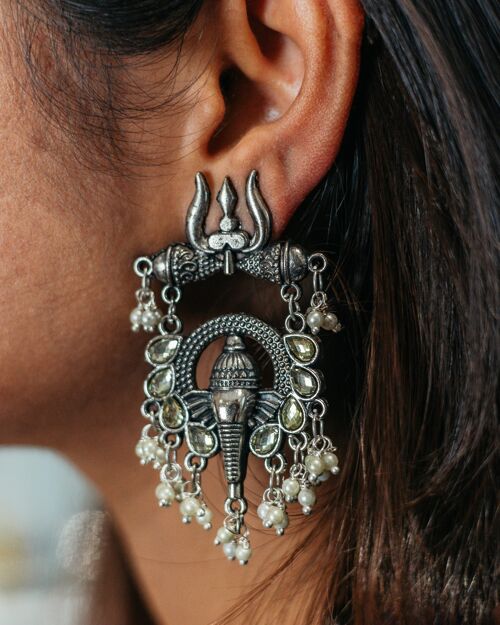 Large Spiritual Ganesha Indian Statement Temple Oxidised Stud Vintage Earrings