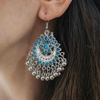 Boucles d'oreilles ethniques asiatiques en émail bleu floral complexe indien Boho Oxydé Boho Drop
