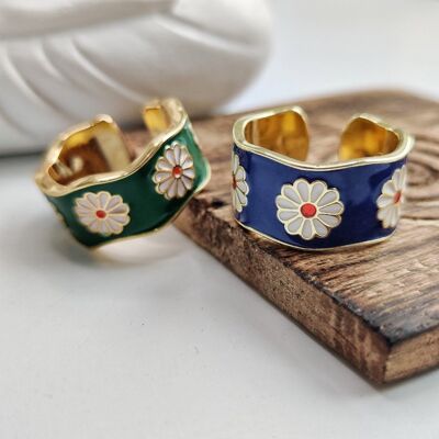 Wide Band Dainty Adjustable Colourful Daisy Flower Cuff Band Ring