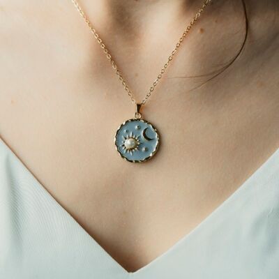 Sun Moon Pearl Round Sunstone Dangle Sky Star Circle Pearl Pendant Necklace
