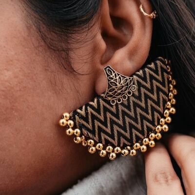 Black Gold Pearl Semicircle Handmade Half Disc Printed Fabric Asian Stud Earring