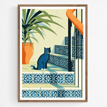 Poster Chat noir dans l'escalier avec carreaux azulejos 1