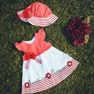 Vestido bebe niña rojo y blanco con gorro