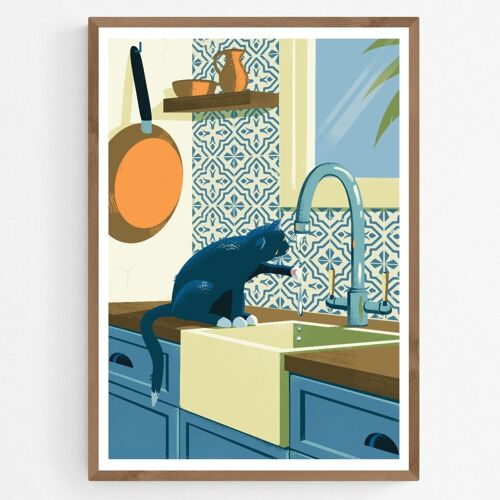 Poster Zwarte Kat in Keuken met Azulejos Tegels