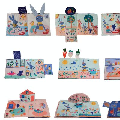 PACK 9 GABIN RABBIT ACTIVITY BOOKS 8 Pages: POP UP, Rabbit Day, From fork to plate. Bell, rustling paper 20 x 20 cm