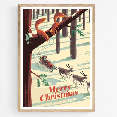 Poster Kerstman in Rendieren Slee en Eekhoorns, Kerstdecoratie