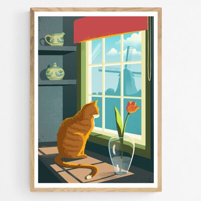 Poster Rode Kat in Keuken met Delfts Blauw Aardewerk en Tulp