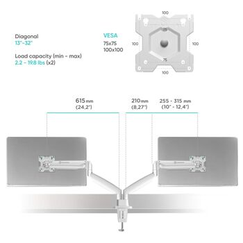 Support table moniteur 13-32 pouces deux bras ONKRON G200 blanc 7