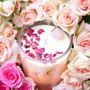Bougie Awen Rose pour l'amour inconditionnel + sécurité émotionnelle, vanille rose, cristaux de pierre de lune de quartz rose, chakras sacrés du cœur 3
