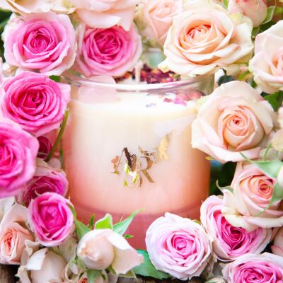 Candela Awen Rose per amore incondizionato + sicurezza emotiva, vaniglia rosa, cristalli di pietra di luna di quarzo rosa, chakra sacrale del cuore