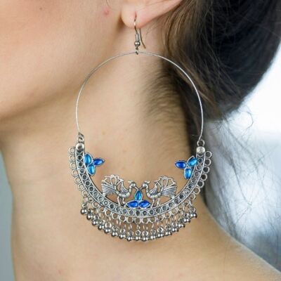 Grande boucle d'oreille pendante indienne Jhumka Chand Bali oxydée bleu asiatique