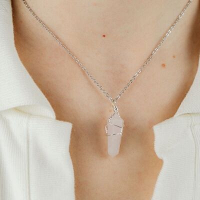 Rose Quartz Crystal Point Pillar Pencil Wire Wrapped Natural Stone Necklace