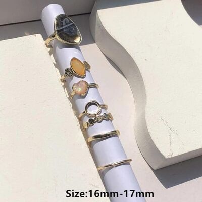 7 Piecs Set Colourful Stone Metallic Silver Retro Midi Multi Finger Large Rings