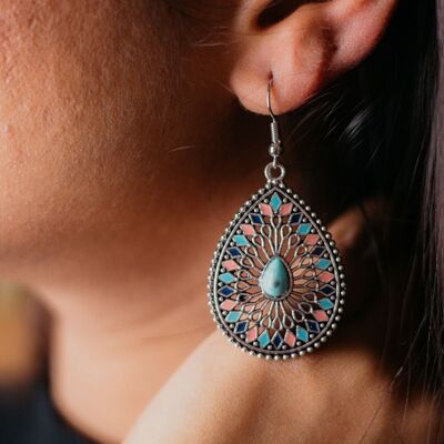 Large Mandala Floral Enamel Indian Teardrop Vintage Boho Drop Ethnic Dangler