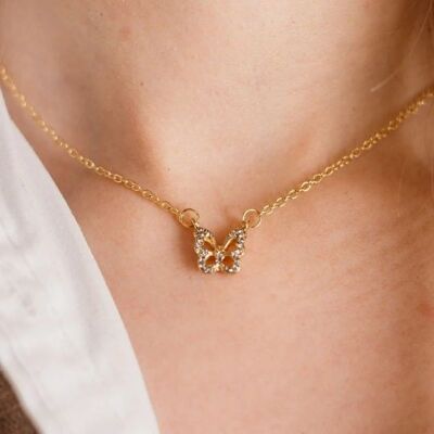 Silver and Gold Sparkly Zircon Butterfly Charm Dainty Pendant Necklace