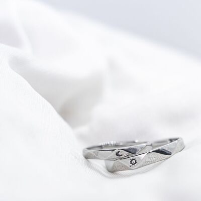 Silver Angle Cut Couple Moon and Sun Promise Adjustable Ring set