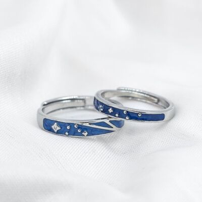 Silver Blue Star Couple Spacer Adjustable Promise Ring Set