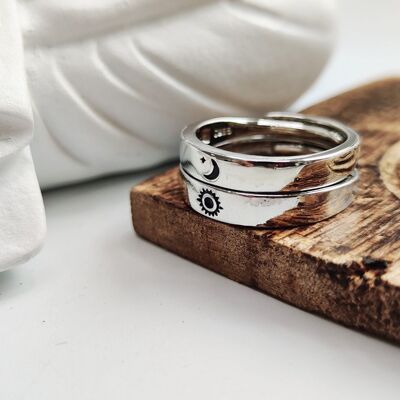 Silver Couple Moon and Sun Promise Adjustable Ring set