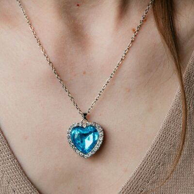 Large Titanic Blue Heart Zircon Vintage Diamond Pendant Necklace