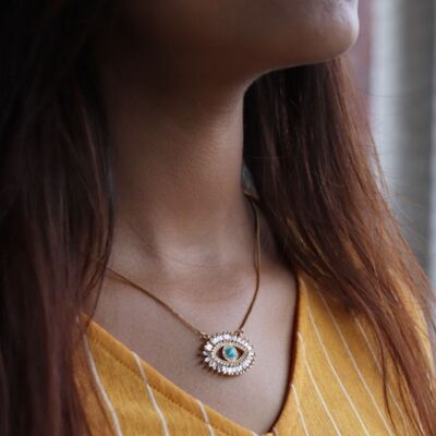 Grand collier pendentif turc mauvais œil cristal zircone turquoise cils