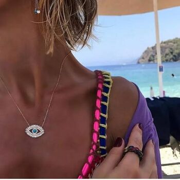 Grand collier pendentif turc mauvais œil cristal zircone turquoise cils 3