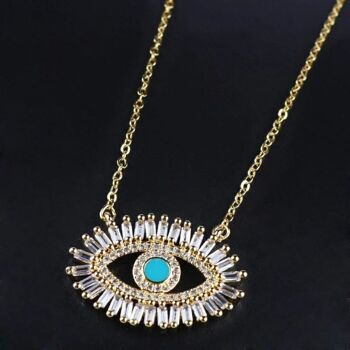 Grand collier pendentif turc mauvais œil cristal zircone turquoise cils 4