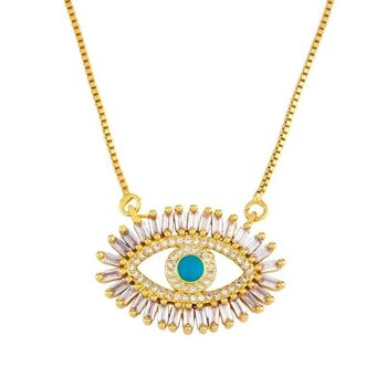 Grand collier pendentif turc mauvais œil cristal zircone turquoise cils 6