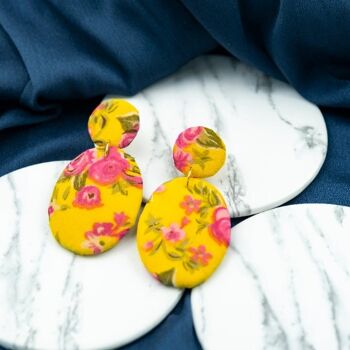 Grandes Boucles d'Oreilles Jhumka Indiennes Asiatiques Boho en Tissu Ovale Imprimé Jaune Imprimé à la Main 1