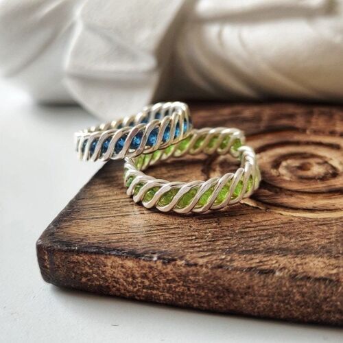 925 Silver Green & Blue Link Chain Band Adjustable Cuff Ring
