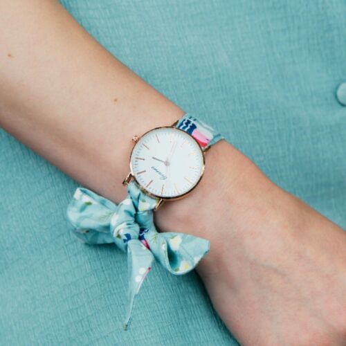 Light Blue Floral Print Changeable Fabric Strap Women Bracelet Wristwatch