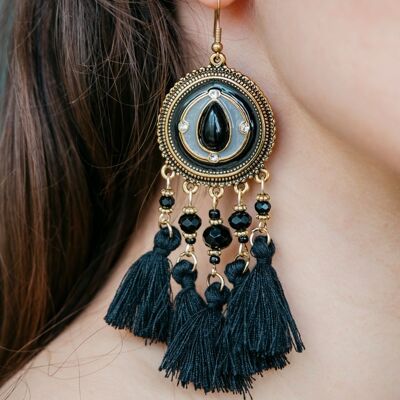 Long Round Enamel Black Tassel Indian Boho Drop Ethnic Dangle Bridal Earrings