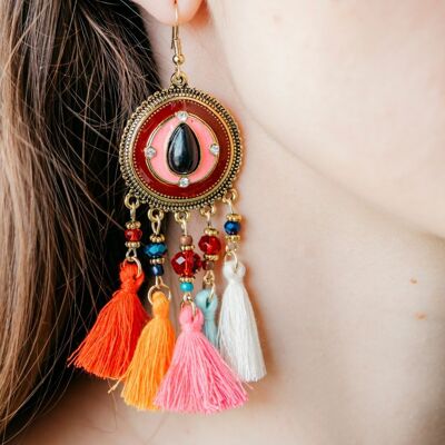 Longue boucle d'oreille de mariée ronde en émail coloré avec pompon indien Boho Drop Ethnic Dangle