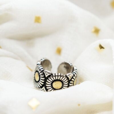 Bague à manchette large marguerite fleur de soleil vintage plaqué argent