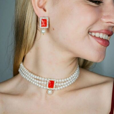 Étnico blanco perla cuadrado rosa piedra Diana fiesta victoriano nupcial gargantilla conjunto