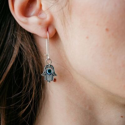 Boucles d'oreilles longues en argent Evil Eye Dainty Fatima Hand Hamsa Huggie Latch Back Boho Boucles d'oreilles