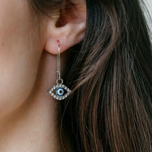 Long Silver Evil Eye Huggie Latch Back Protection Dainty Zircon Charm Earrings