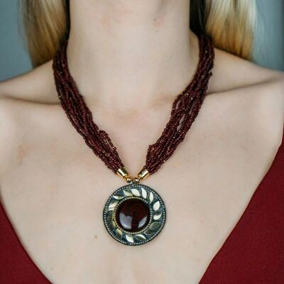 Maroon Multistrand Pearl Large Enamel Round Layered Statement Pendant Necklace