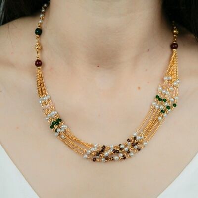 Mehrsträngige Goldperlenkette für Frauen, mehrschichtige Messing-rote grüne Perle asiatischer Schmuck, dicke böhmische Stapelkette