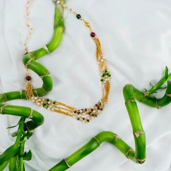 Collier de perles d'or multi brins pour femmes, bijoux asiatiques multicouches en laiton rouge vert perle, collier de chaîne empilable bohème épais 3