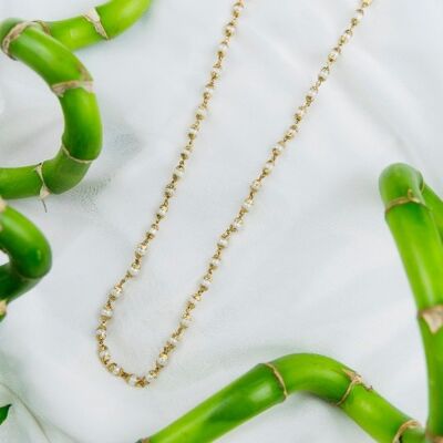 Einsträngige ethnische Perlenkette, Perlen Messing Mala, leichte Unisex weiße Perlen lange Halskette, Großmutter goldene Halskette Geschenk