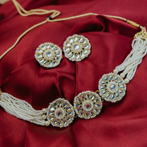 Multi-Strand White Pearl Kundan Stone Victorian Bridal Diana Ethnic Choker Set