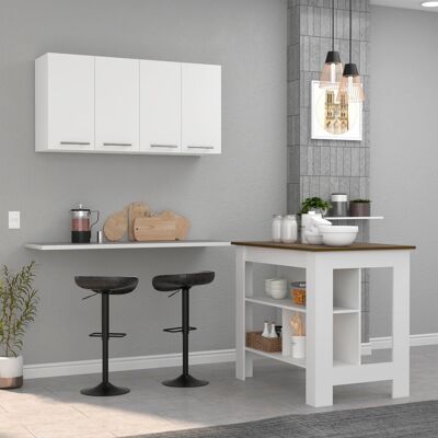 Caledon Kitchen Set, Kitchen Island + Wall Top Unit, 35.4/60 cm H X 103/120 W cm X 70/33.5 D cm, White / Caramel