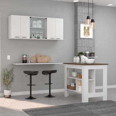 Norfolk Kitchen Set, Kitchen Island + Kitchen Wall Cabinet, 35.4/60 cm H X 103/150 W cm X 70/31.5 D cm, White / Caramel
