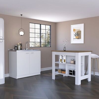 Phoenix Kitchen Set, Kitchen Island + Kitchen Cabinet with Sink, 90/90 cm H X 103/100 cm W X 70/50 cm D, White / Caramel